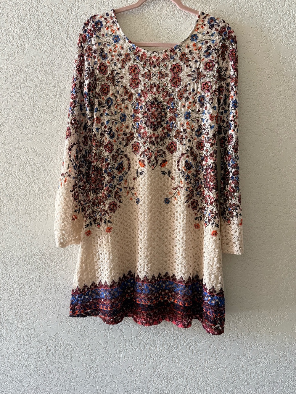 Crochet Lace Pattern Floral Multi Colored Boho Long Bell Sleeves Shift Dress Med